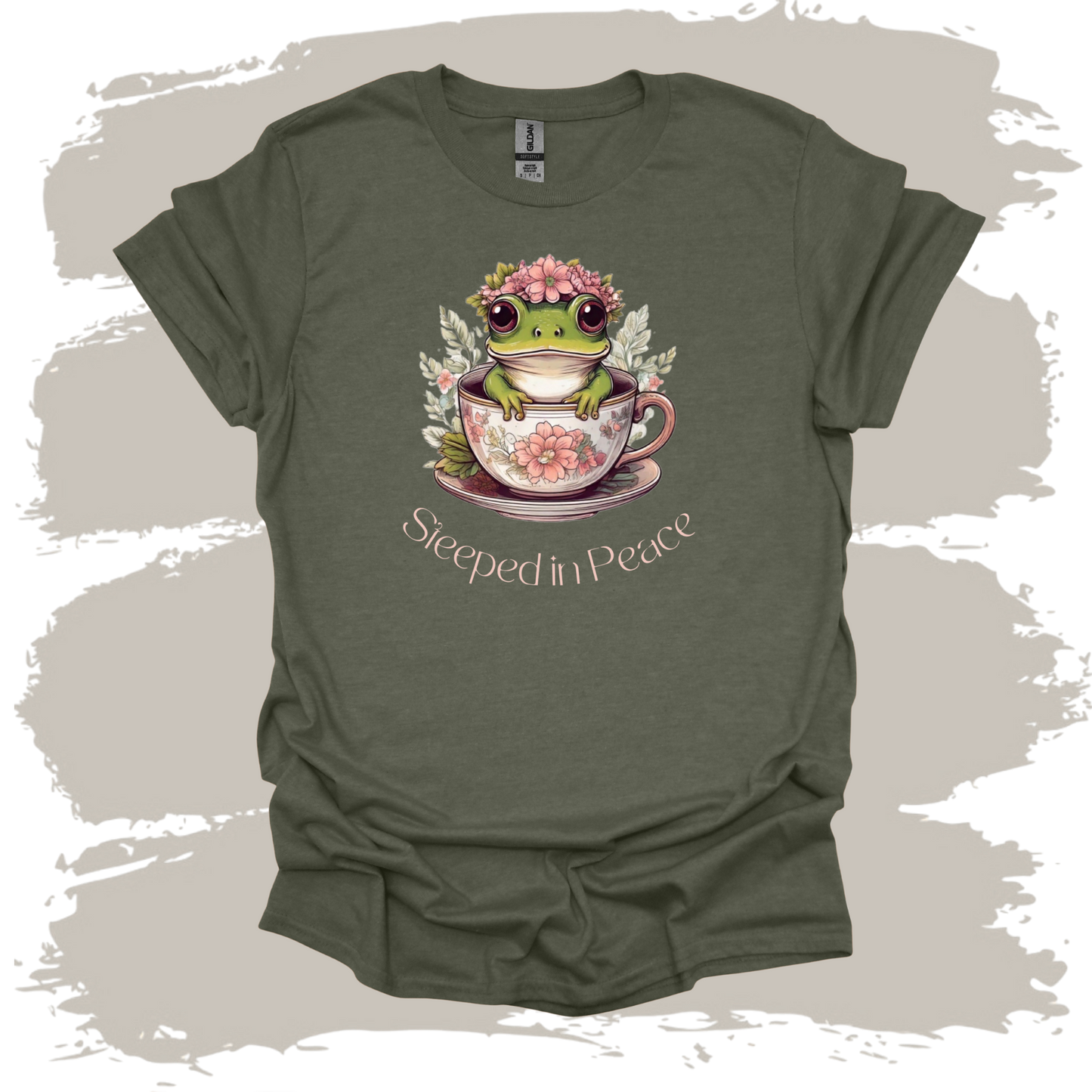 Steeped in Peace – Frog in Teacup Floral Graphic T-Shirt