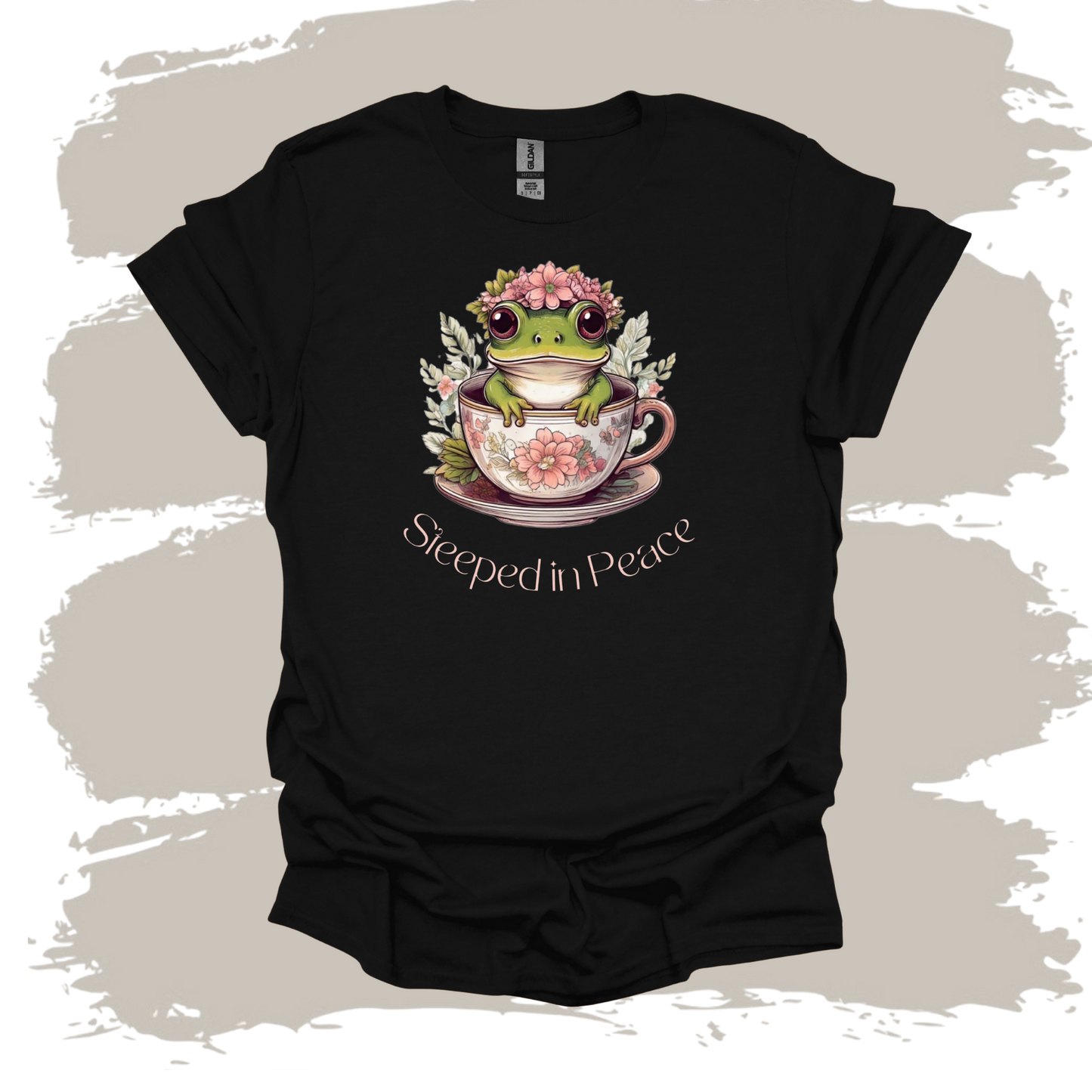 Steeped in Peace – Frog in Teacup Floral Graphic T-Shirt