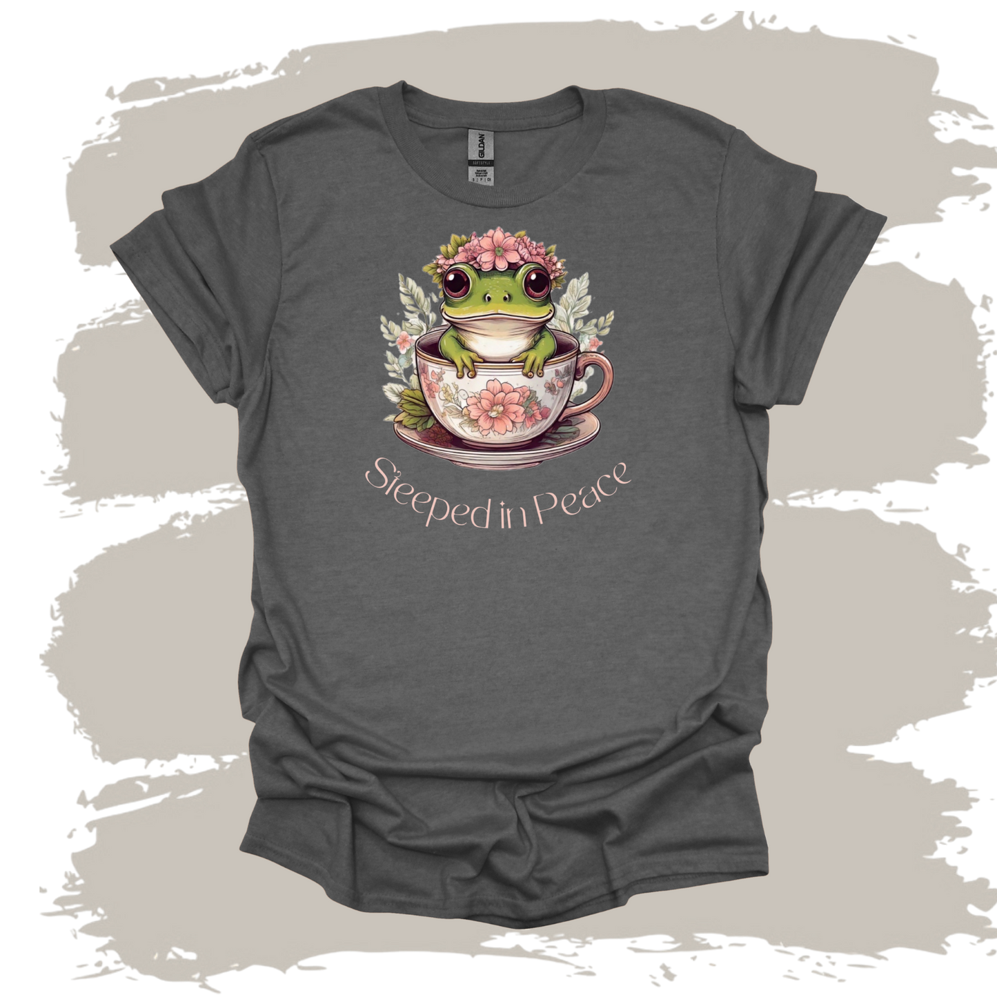 Steeped in Peace – Frog in Teacup Floral Graphic T-Shirt