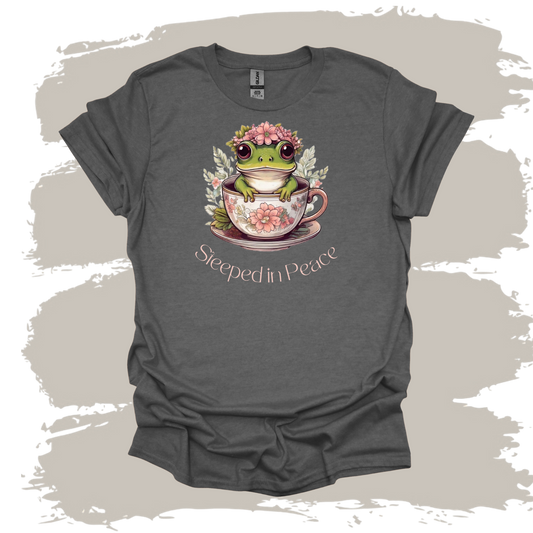 Steeped in Peace – Frog in Teacup Floral Graphic T-Shirt