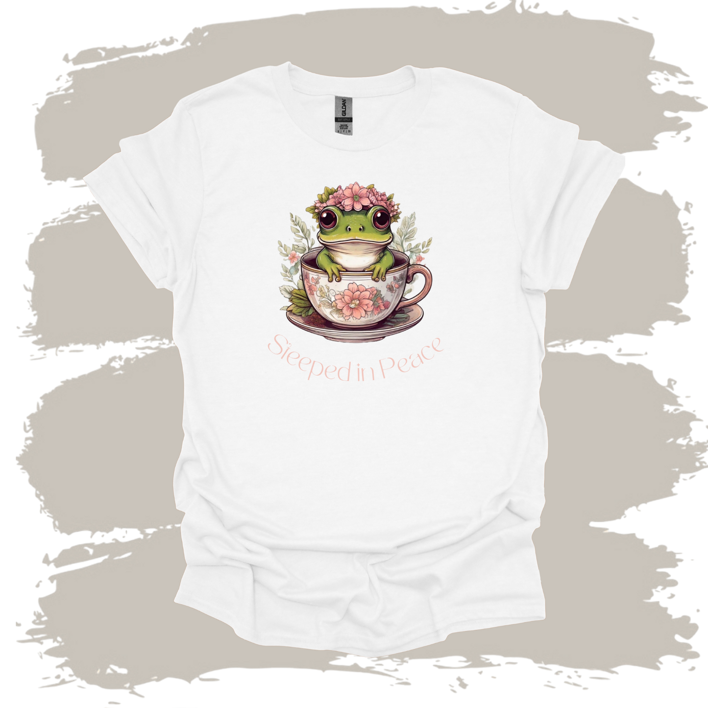 Steeped in Peace – Frog in Teacup Floral Graphic T-Shirt